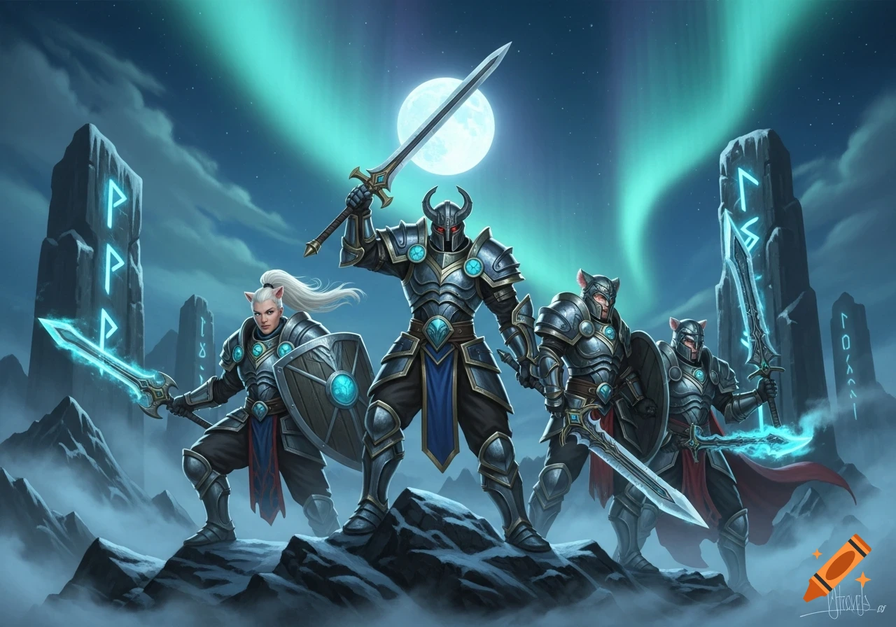 Four armored cat-eared warriors pose heroically with swords and shields on a snowy mountain under a full moon and aurora borealis, with glowing runic monoliths.