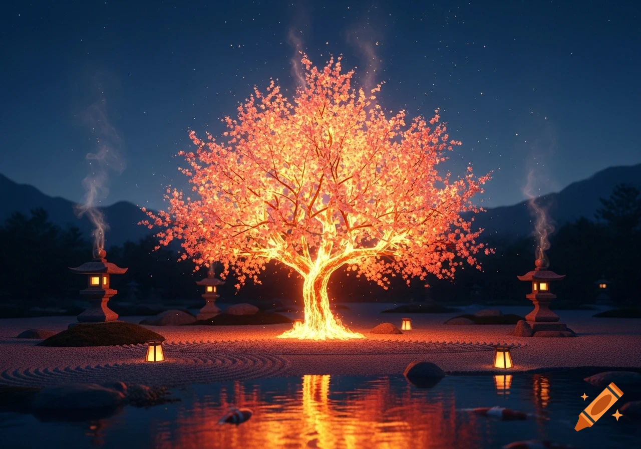 A glowing cherry blossom tree in a serene Japanese rock garden at night, with lanterns, a pond, and distant mountains.