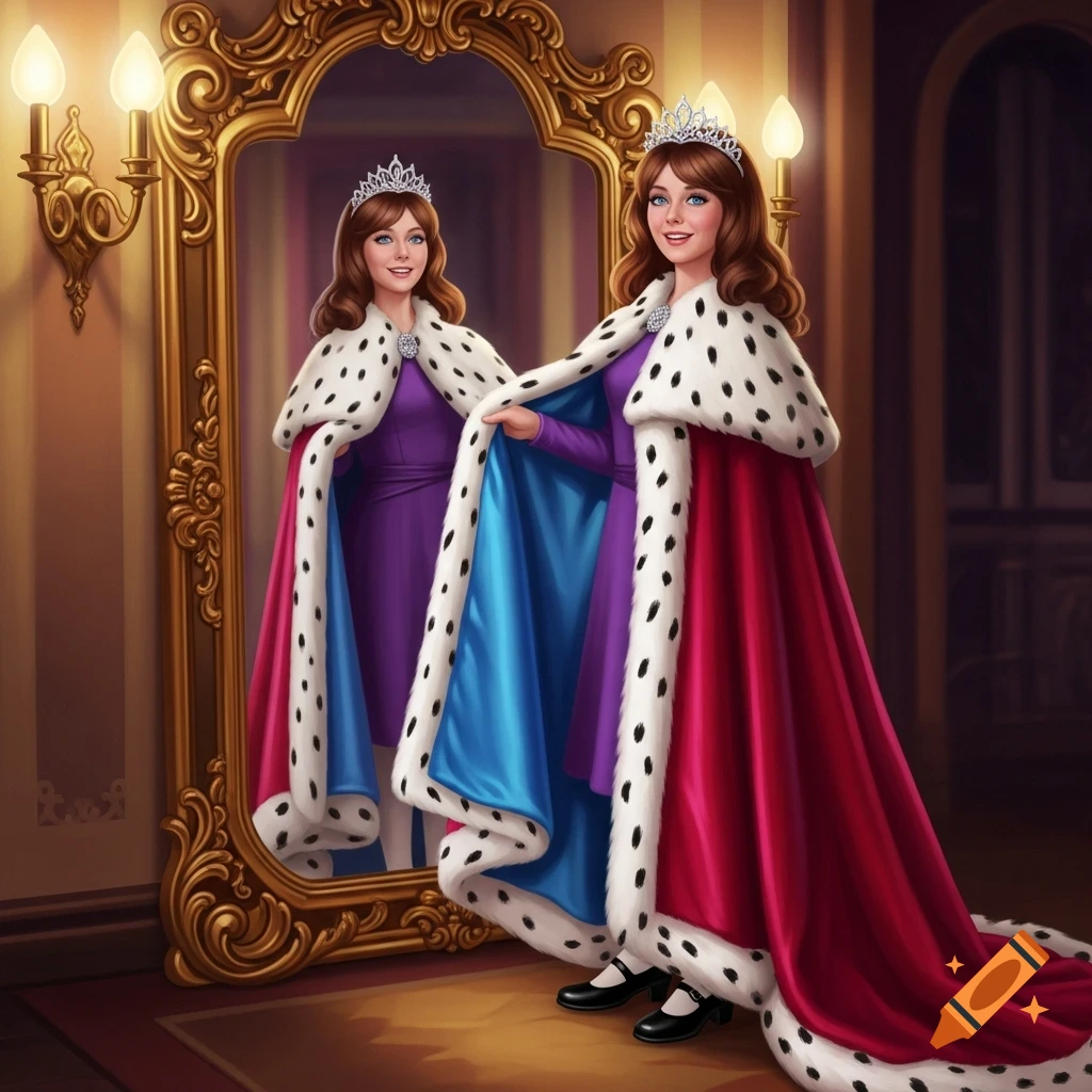 A woman in a tiara and a red, blue, and fur-trimmed royal cloak smiles, looking at her reflection in an ornate gold mirror.
