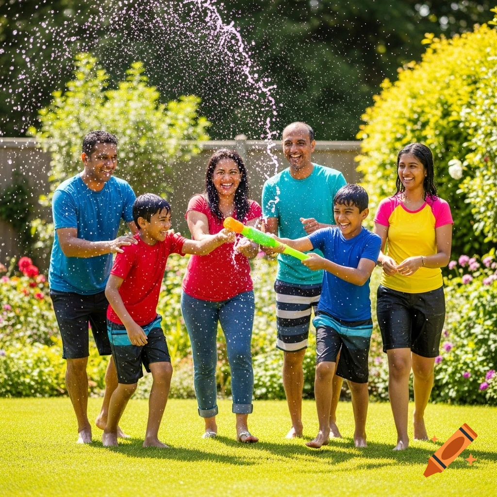 A happy photorealistic Malaysian-Sri Lankan family, including children, laughing and having a water fight with squirt guns in a sunny garden.