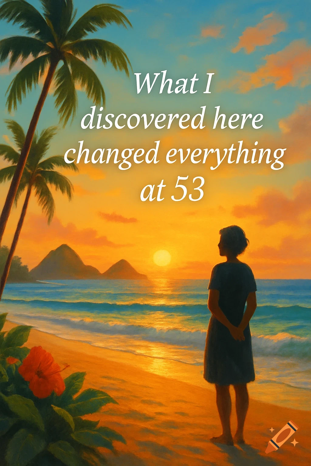 Silhouetted woman on a Hawaiian beach watching a golden sunset, with palm trees and inspirational text overlay.