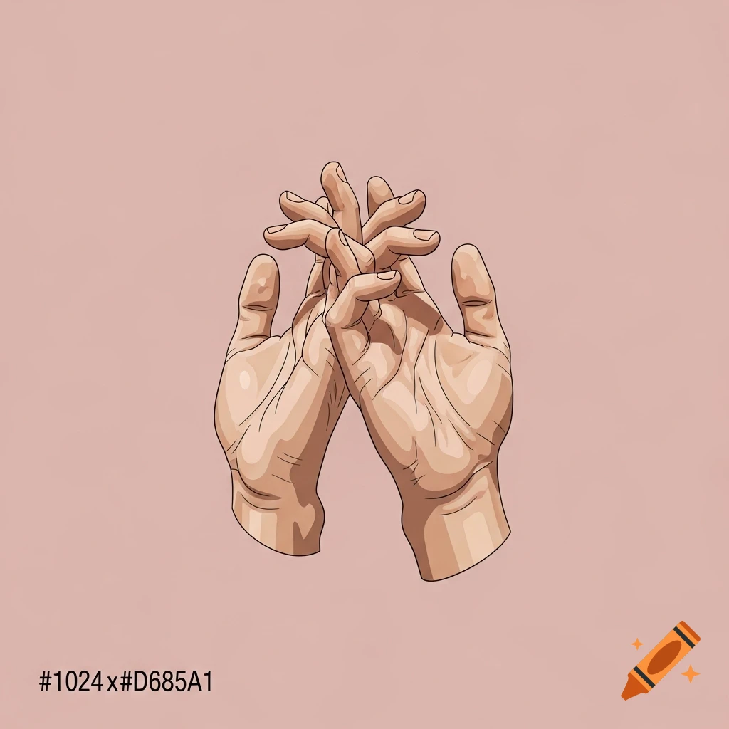 A minimalist illustration of two light-skinned hands with fingers tightly interlocked, set against a solid pink background.