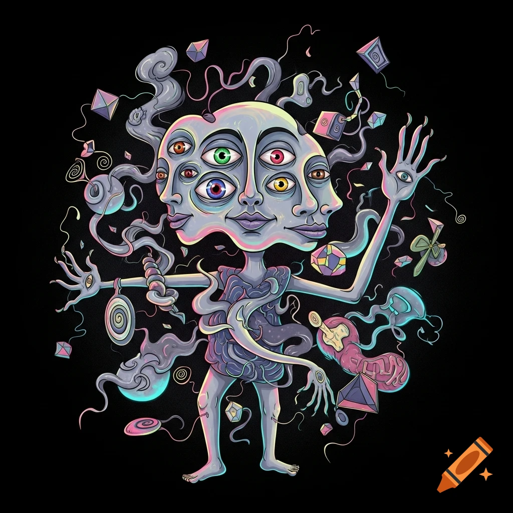 Colorful, surreal creature with multiple faces, eyes, and limbs, surrounded by abstract shapes on a black background.