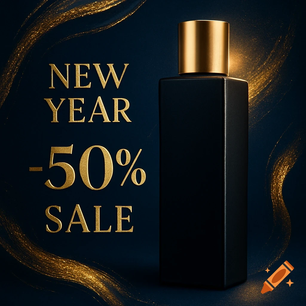 A luxurious black and gold perfume bottle with "NEW YEAR -50% SALE" text on a dark blue background with sparkling gold accents.