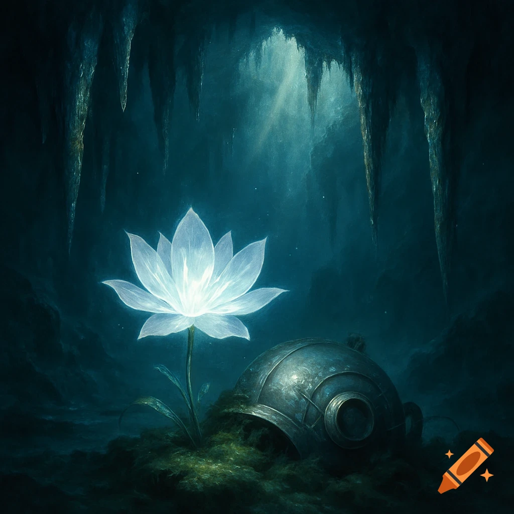 Glowing white lotus flower in a dark, mystical cave with stalactites and a metallic object, digital art.