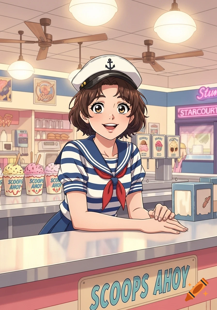 Anime drawing of Robin Buckley in a 'Scoops Ahoy' sailor uniform, smiling behind an ice cream counter.