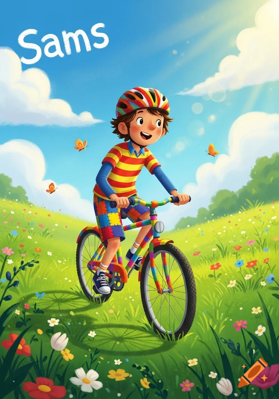 A bright, colorful illustration of a smiling child named Sams in a helmet riding a patchwork bicycle through a sunny field with flowers.