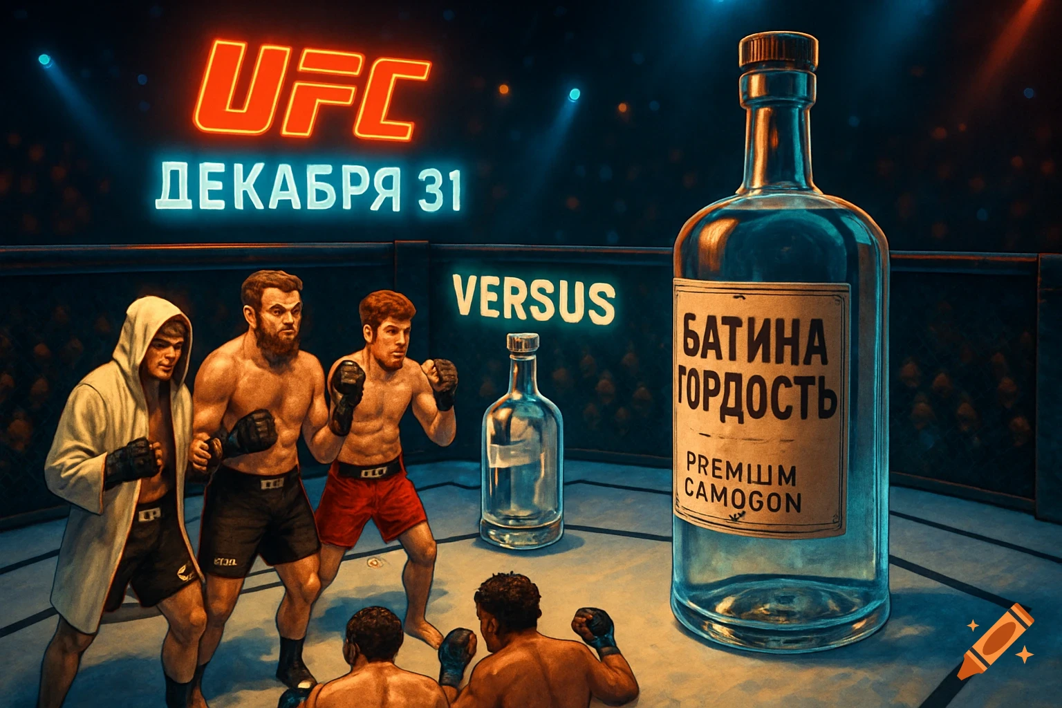 An epic, humorous UFC fight poster with four male fighters facing off against a giant bottle of moonshine in an octagon ring, with neon signs.