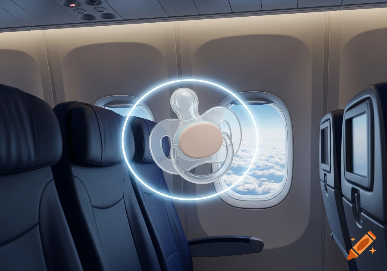 A translucent pacifier with a light brown center glows in an airplane cabin with dark blue seats and window views of clouds.