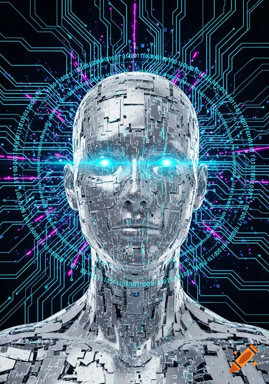 A metallic humanoid robot with glowing blue eyes, surrounded by intricate circuit board patterns and binary code, representing artificial intelligence.