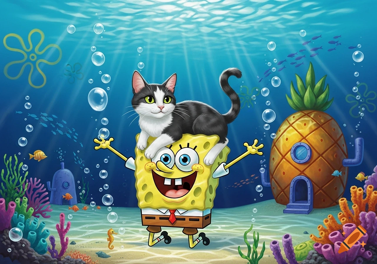 Cartoon illustration of a black and white cat sitting on Spongebob SquarePants in a vibrant underwater scene with coral and a pineapple house.
