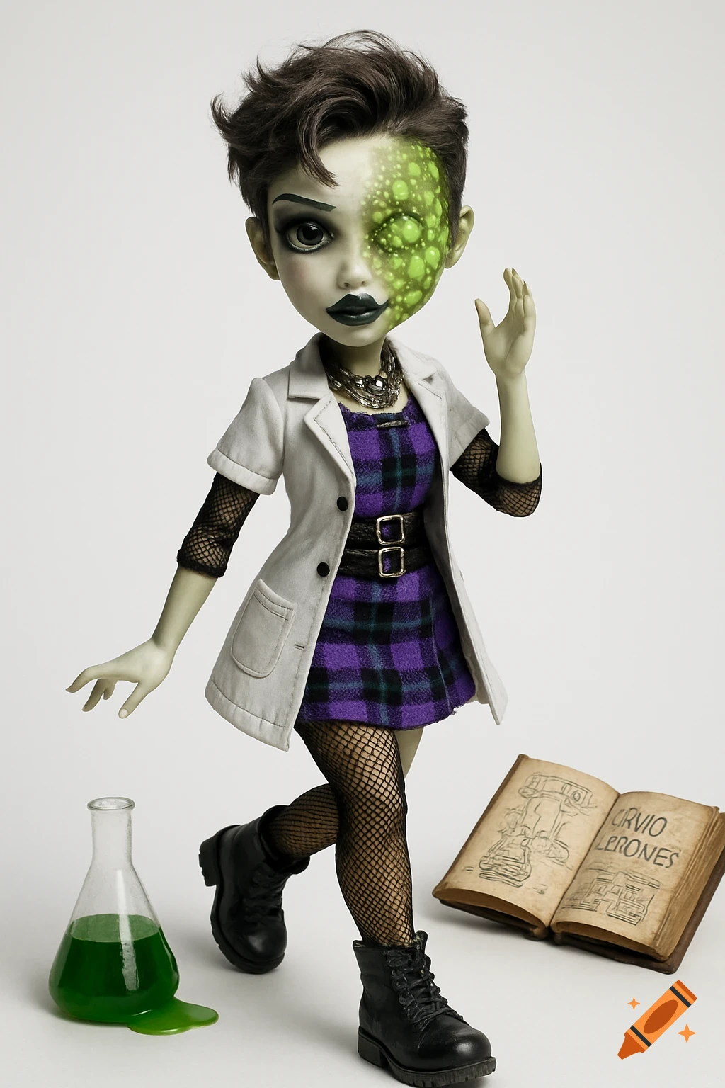 A gothic Monster High doll with green skin and facial lesions, wearing a lab coat and plaid dress, stands next to a spilled flask and an open book on a white background.