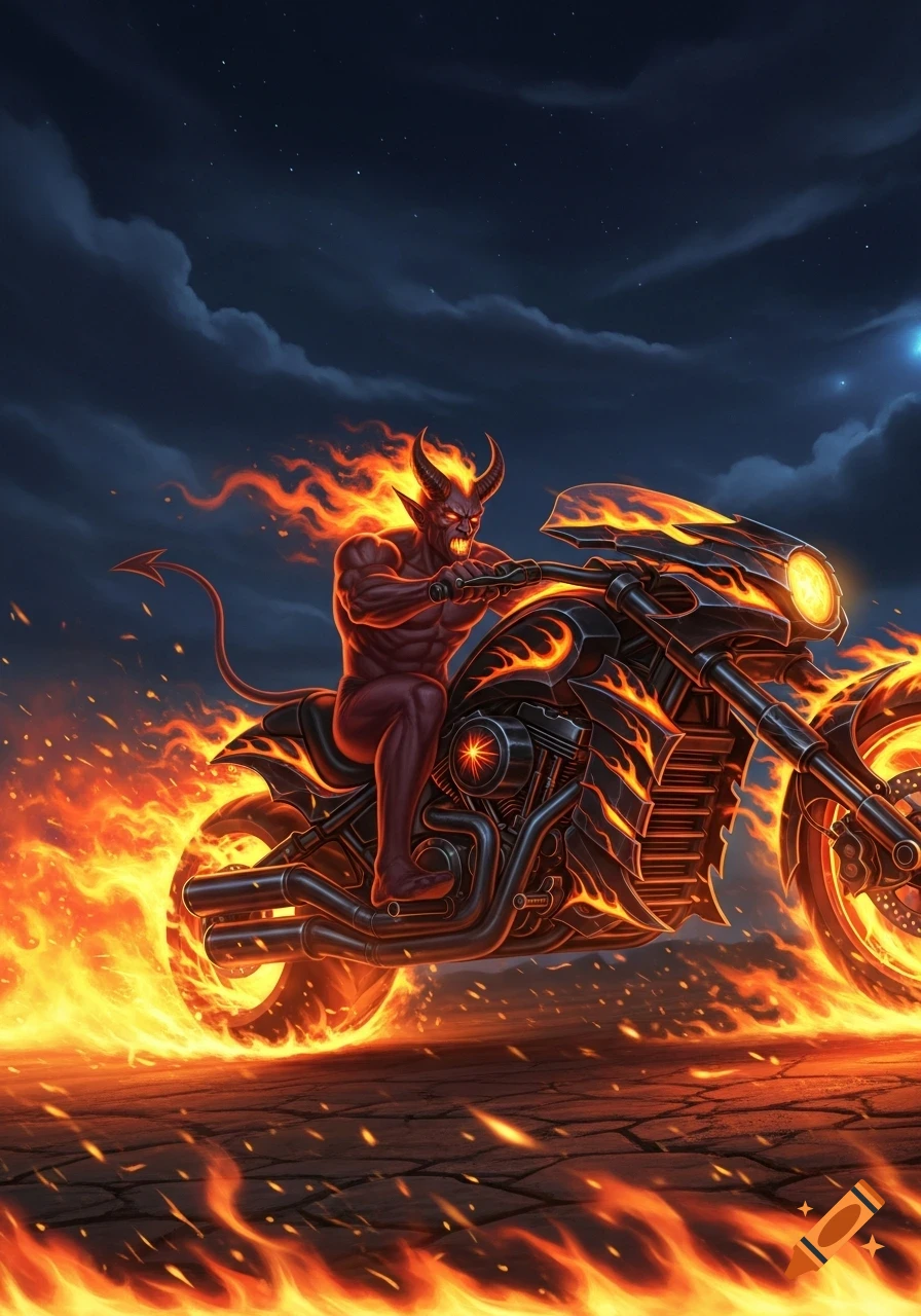 Red-skinned devil with horns and a tail riding a flaming motorcycle on a cracked ground at night.