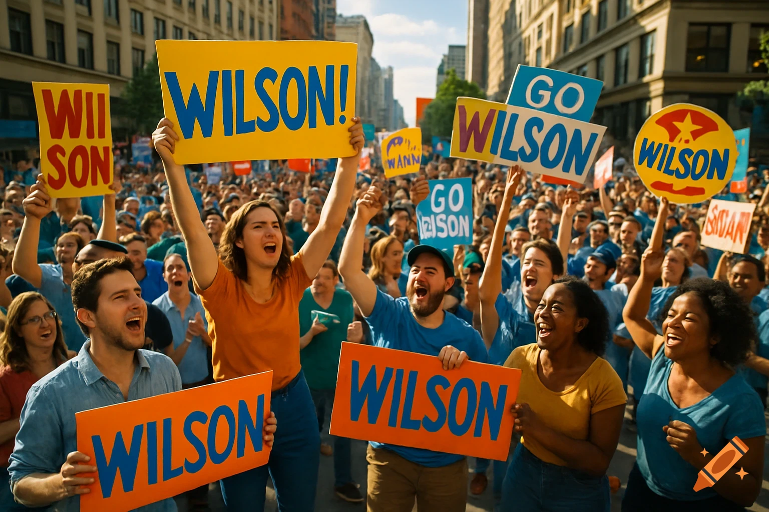 A diverse crowd cheers and holds signs that say 'WILSON!' and 'GO WILSON!' at a sunny outdoor rally.
