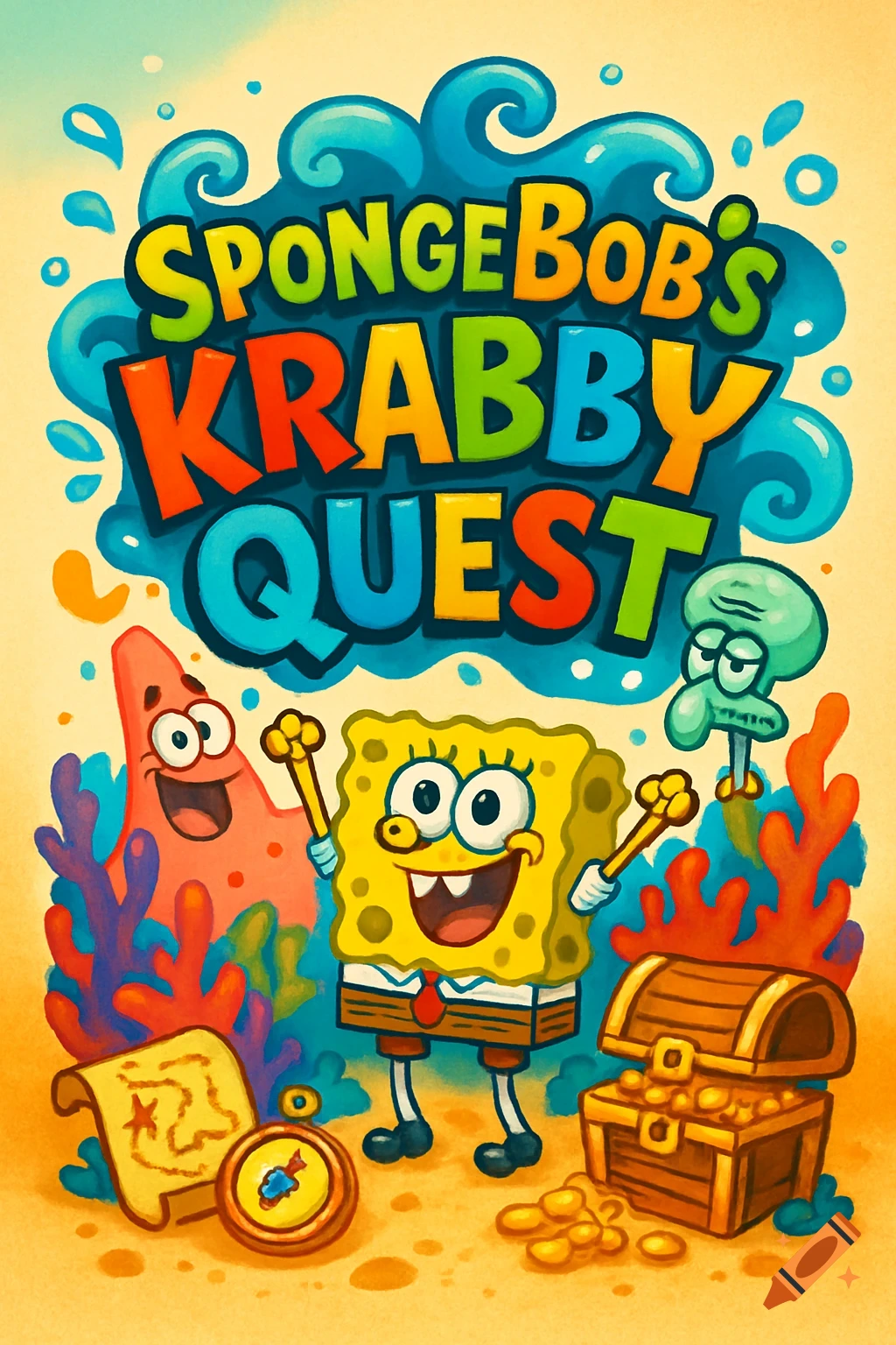 Colorful cartoon illustration of Spongebob, Patrick, and Squidward under the sea, with a treasure chest, map, and compass. Title: SpongeBob's Krabby Quest.