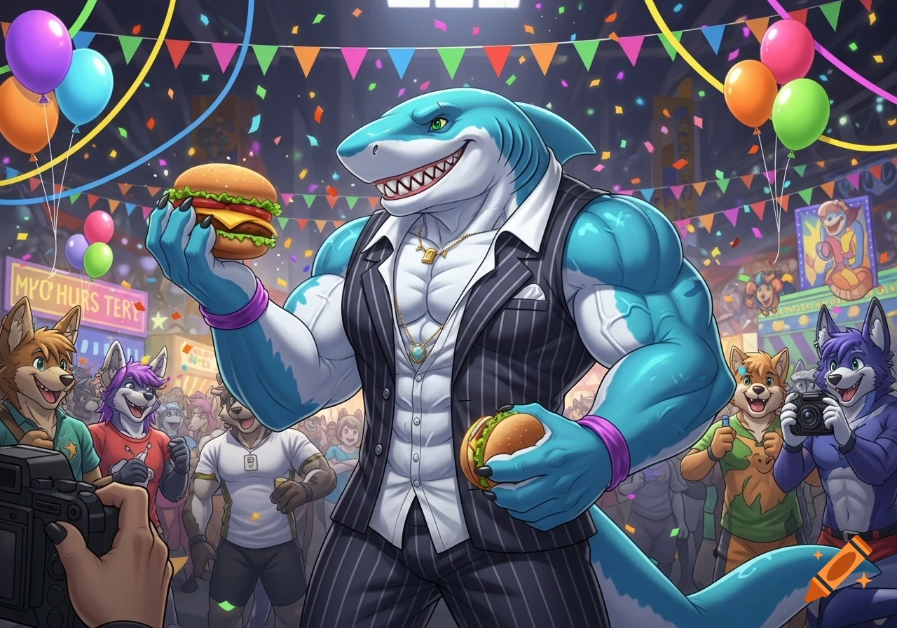 A muscular anthropomorphic shark in a pinstripe suit holds two burgers at a festive furry convention with other characters. Illustration style.