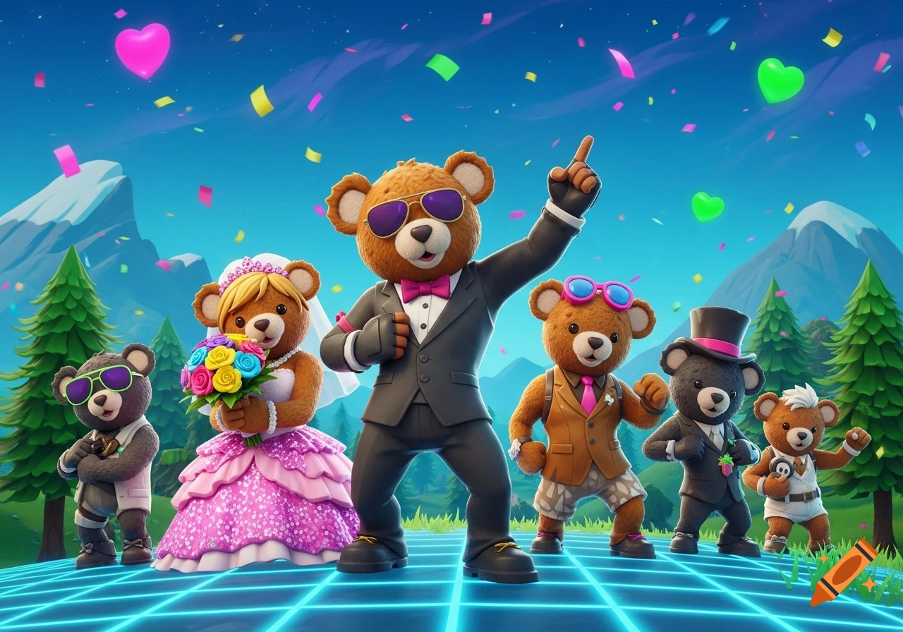 A squad of cartoon teddy bears dressed for a wedding celebration on a glowing grid floor, with confetti and heart balloons.