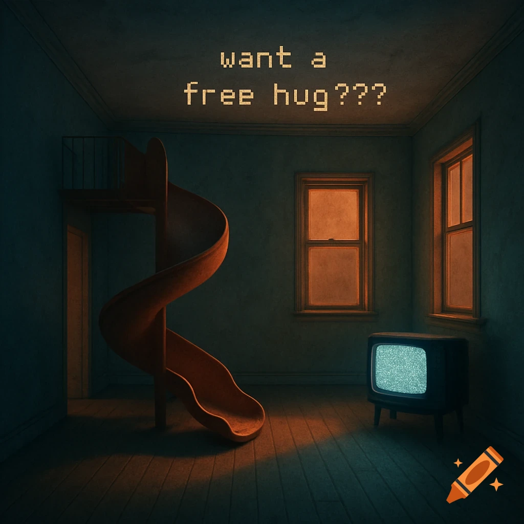 A dimly lit, empty room with an orange slide, a static TV, and text on the ceiling saying 'want a free hug???'.