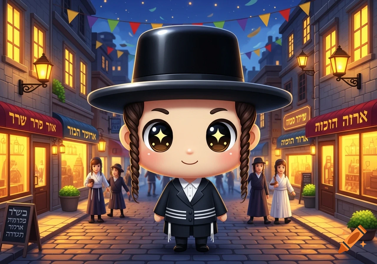 A cute chibi Hasidic Jewish boy with peyos and a black hat stands in a stylized street with shops and other chibi figures at night.