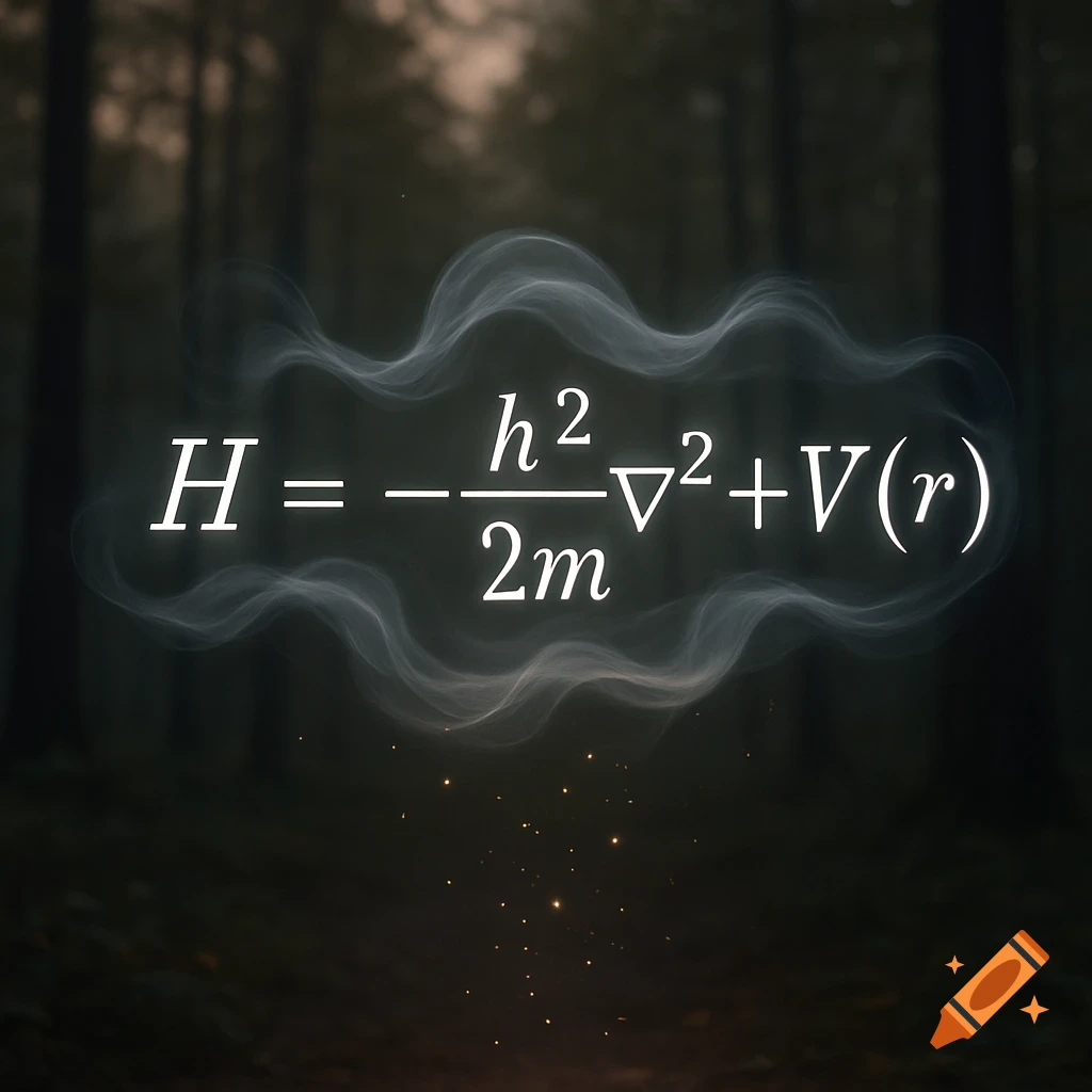 The Hamiltonian operator formula glowing in a dark, misty forest with sparks.