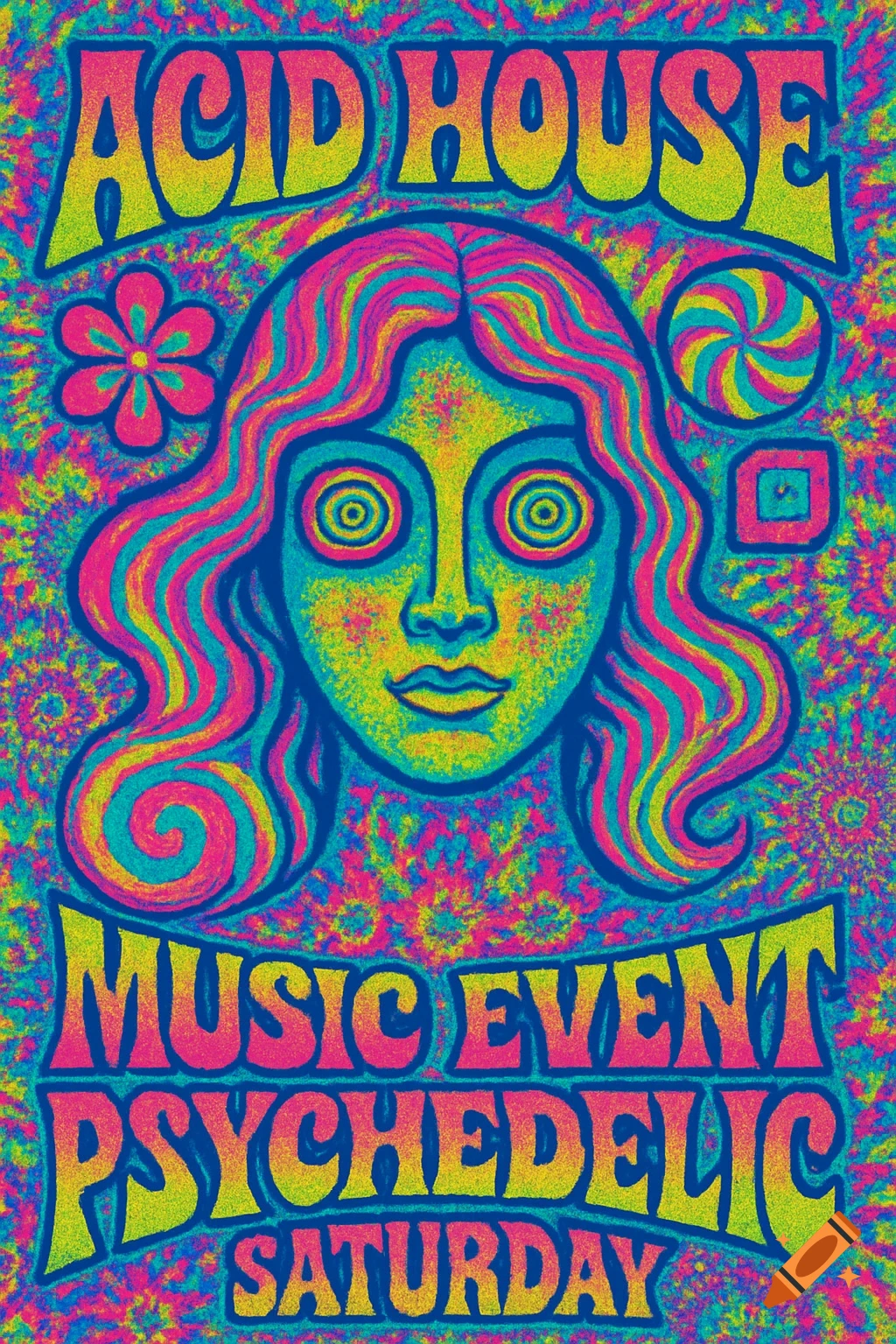 A vibrant psychedelic poster with a stylized face and text 'ACID HOUSE MUSIC EVENT PSYCHEDELIC SATURDAY' in bold, wavy letters.