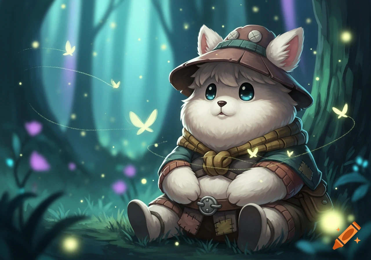 A cute, fluffy white fantasy creature wearing a hat and scarf sits in a magical forest with glowing butterflies.