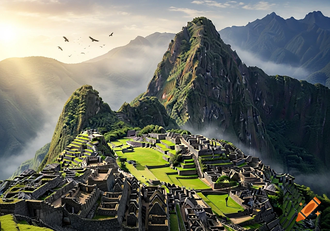 A panoramic view of an ancient stone city with terraced fields nestled between lush green mountains, bathed in sunlight with birds flying overhead.