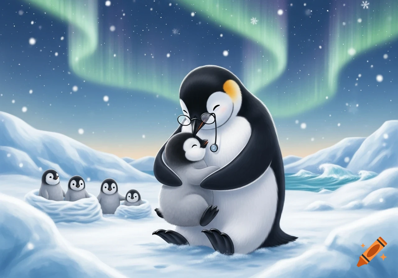 Cartoon illustration of a penguin pediatrician holding a baby penguin, with other small penguins and aurora in a snowy landscape.