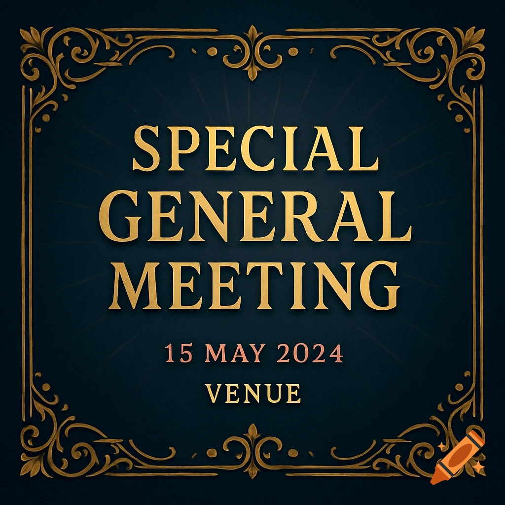 An ornate vintage invitation with golden text reading 'SPECIAL GENERAL MEETING', '15 MAY 2024', and 'VENUE' on a dark blue background.