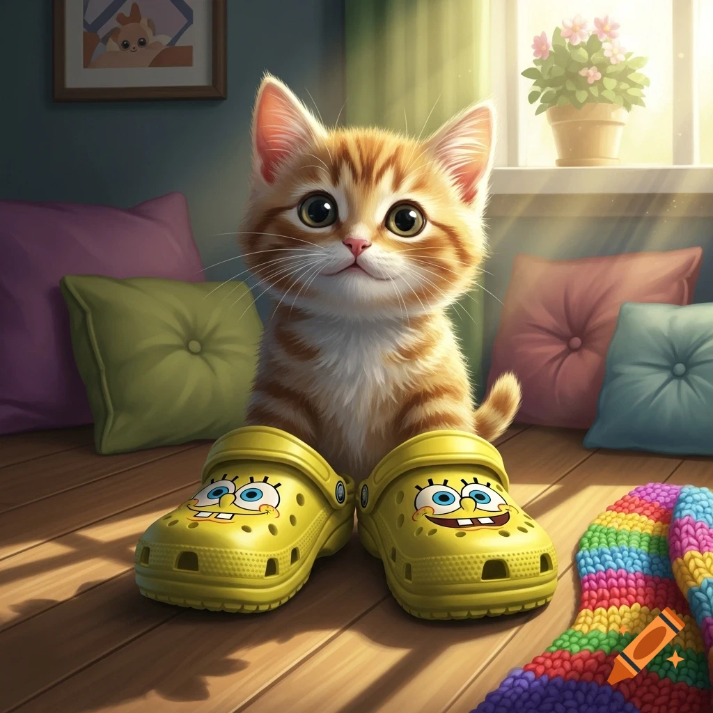 A cute, fluffy orange tabby kitten sits on a wooden floor with yellow SpongeBob Crocs in front of it, in a bright room with colorful pillows.
