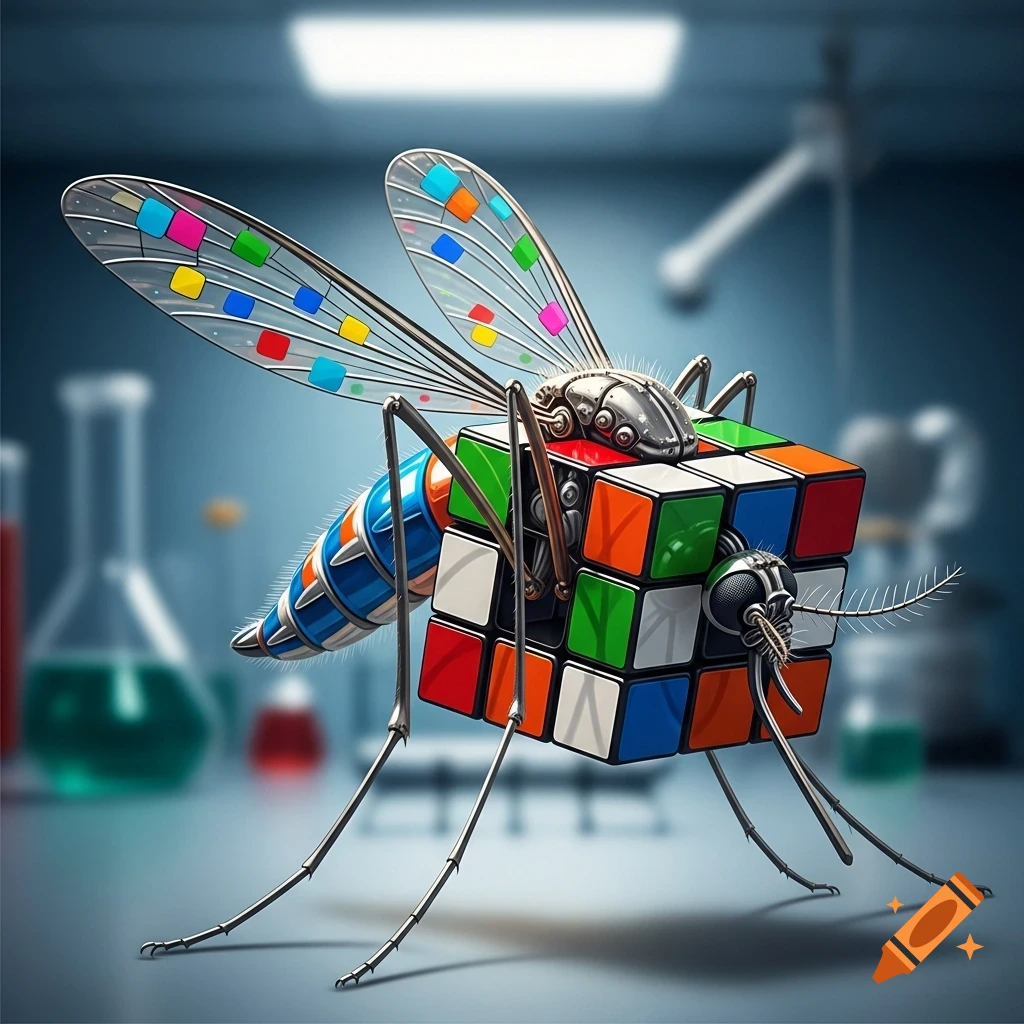 A detailed digital artwork of a mosquito with its body replaced by a colorful Rubik's cube, set against a blurred laboratory background.