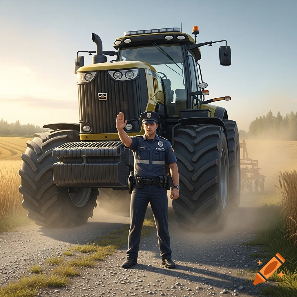 A photorealistic image of a police officer standing in a dirt road in front of a large yellow tractor, holding a hand up in a stop gesture. A field of crops and distant trees are in the background under a clear sky.