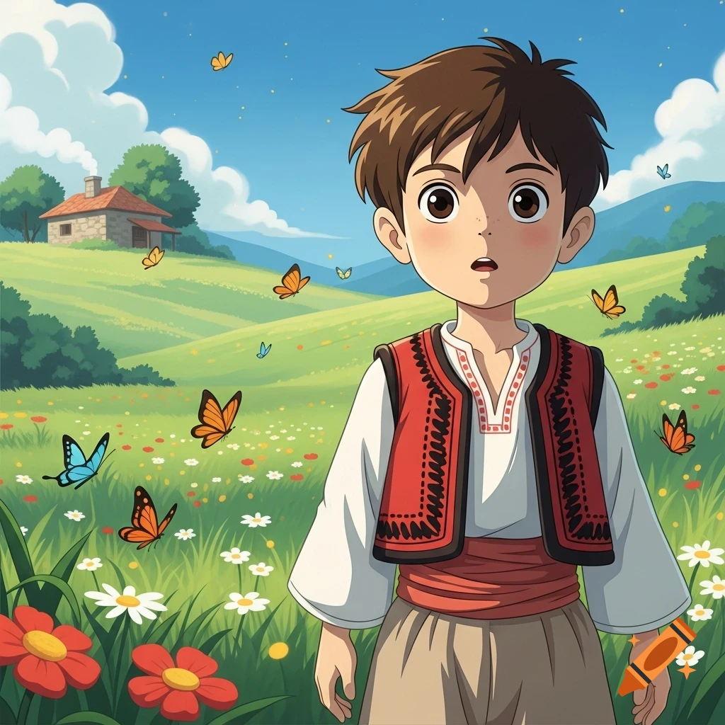 A Ghibli-style boy in a red embroidered vest stands in a sunny wildflower meadow with butterflies, a house on a hill in the background.