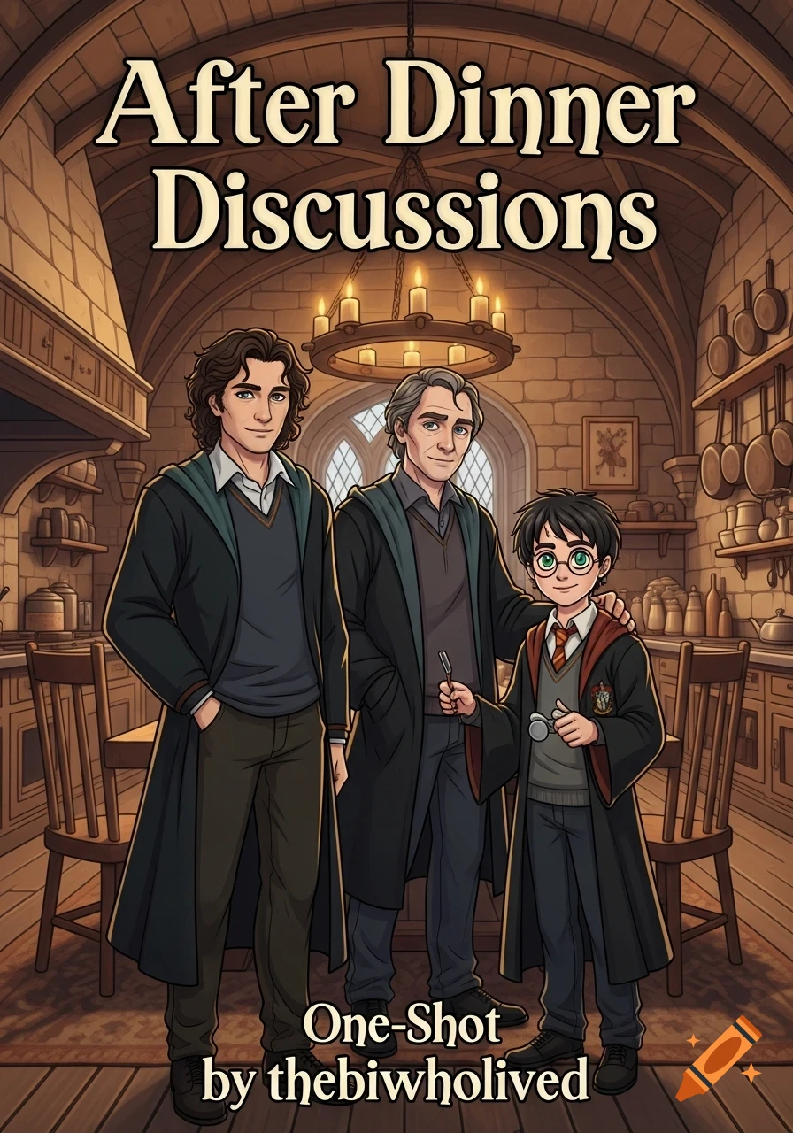 Cartoon illustration of three male characters resembling Sirius, Remus, and Harry Potter in a medieval-style kitchen, with fanfiction title text.
