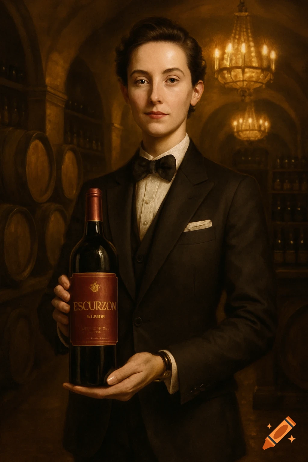 A person in a suit and bow tie holds a bottle of 'Escurzon' wine in a luxurious, dimly lit wine cellar, photorealistic.