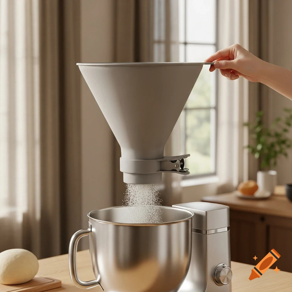 A hand pours flour from a grey funnel into a stainless steel stand mixer in a bright kitchen.