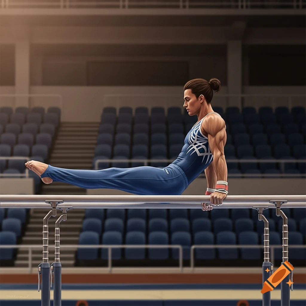 A male gymnast in a blue and white uniform performs an L-sit on parallel bars in an arena.