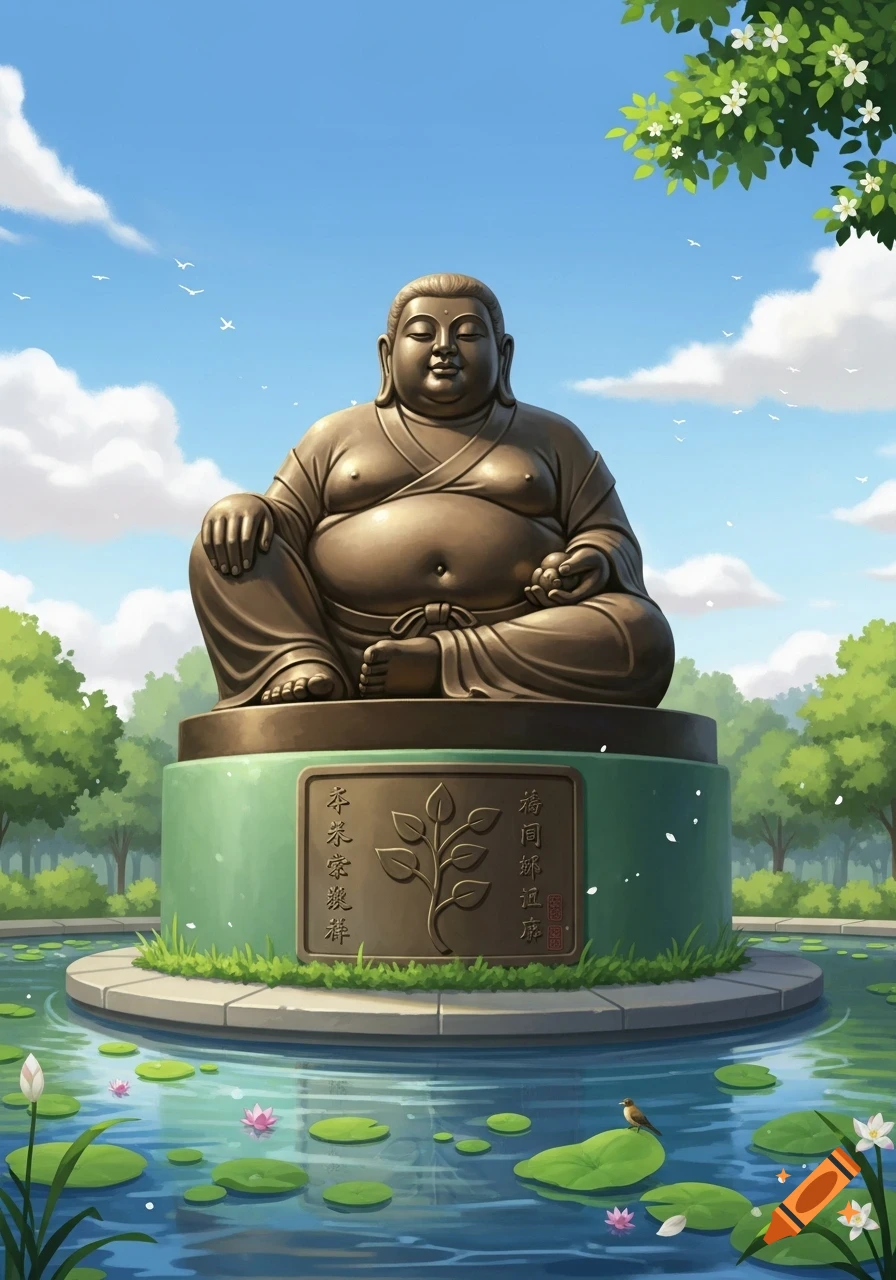 A stylized illustration of a bronze Hotei Buddha statue, sitting on a green and grey base in a pond with lily pads, under a blue sky with white clouds and green trees.