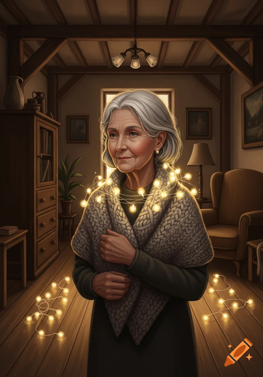 A smiling elderly woman with gray hair wrapped in glowing string lights, in a cozy, rustic room, painterly style.