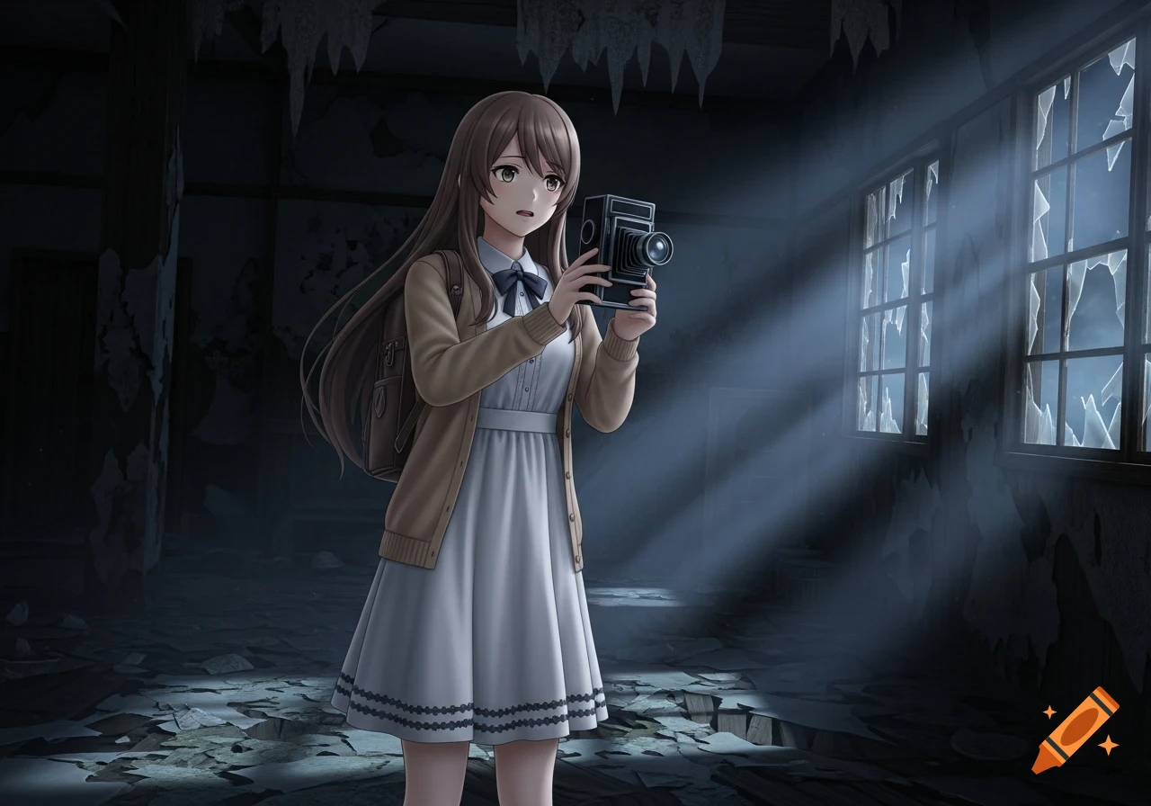 An anime girl with long brown hair, wearing a white dress and cardigan, holds a vintage camera in a dimly lit, abandoned room with broken windows.