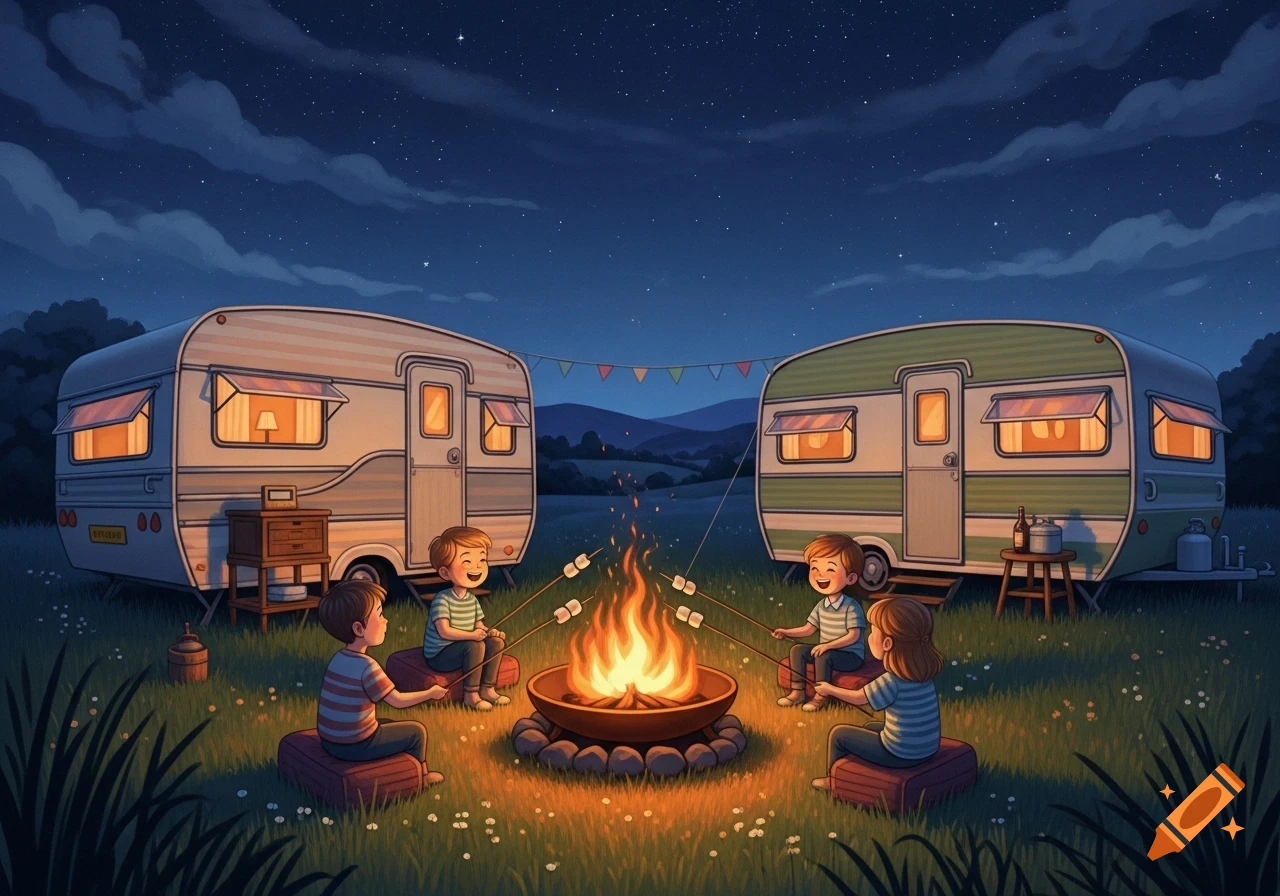 Four happy cartoon children roasting marshmallows around a campfire between two caravans at night.