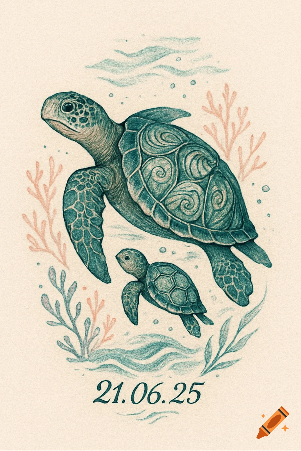Colored pencil illustration of a mother and baby sea turtle swimming amongst coral, with the date 21.06.25.