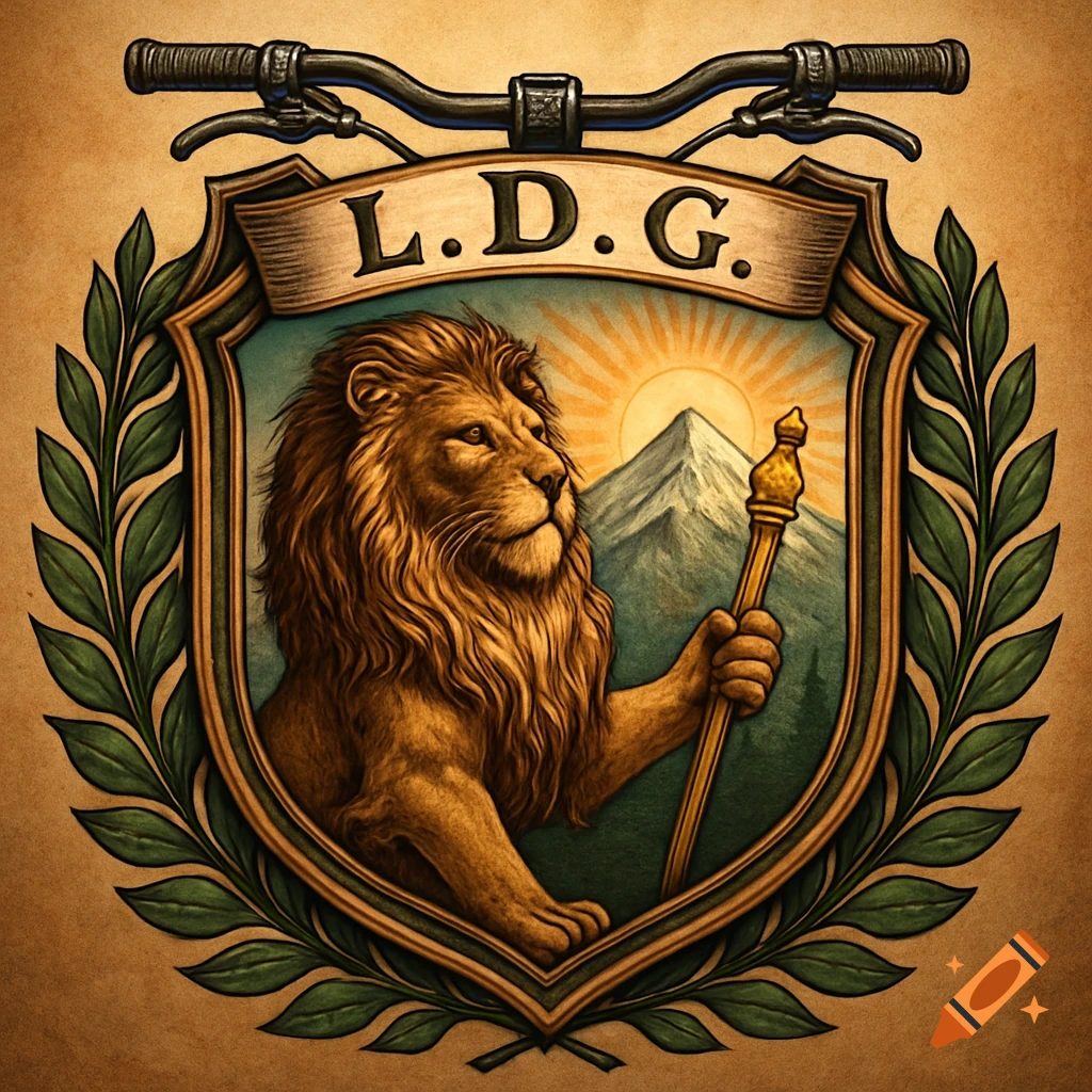 Detailed coat of arms with a golden lion holding a scepter, a mountain, sun, bicycle handlebars, laurel wreath, and 'L. D. G.' initials.