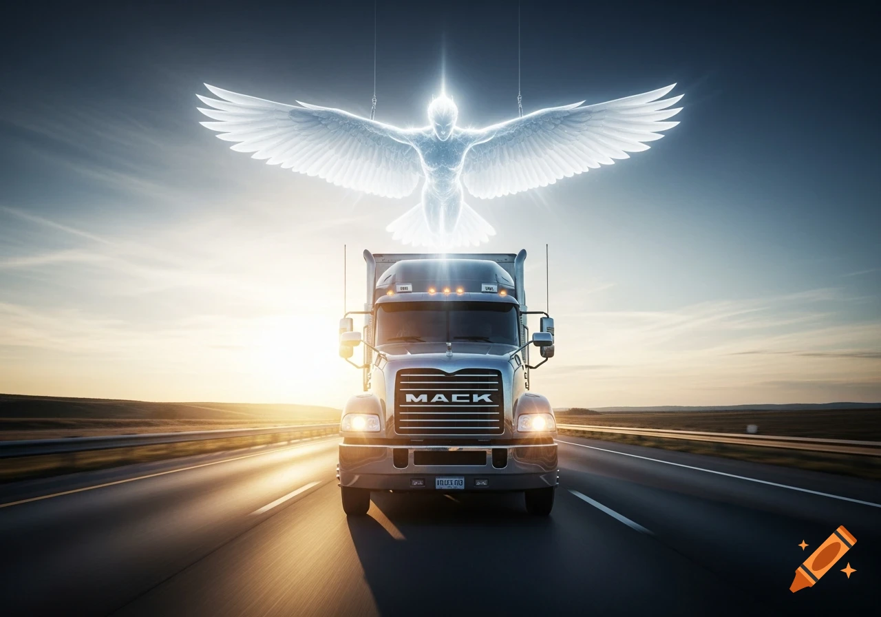 A glowing, winged angelic figure hovers above a Mack truck driving down a highway at sunset.