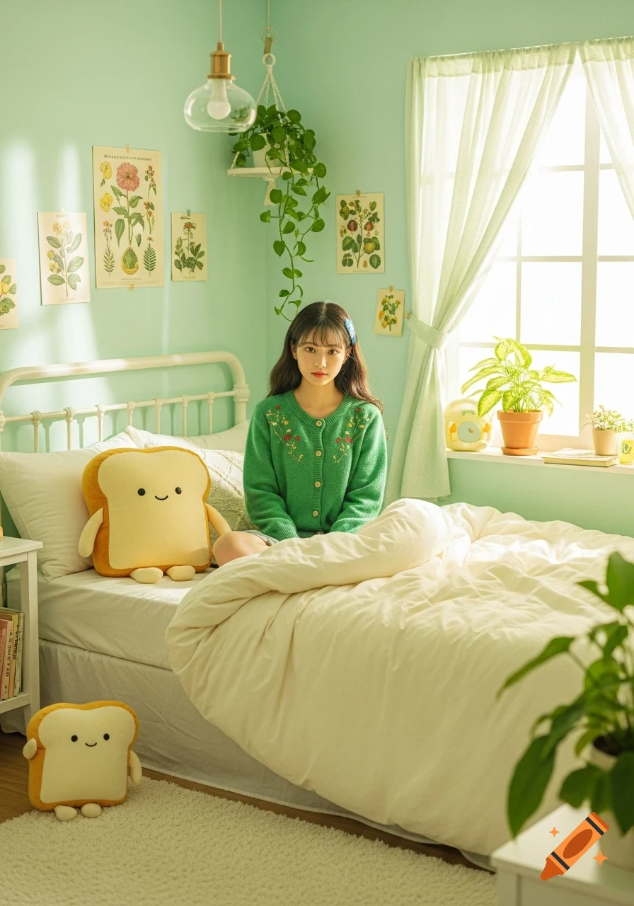 A girl in a green cardigan sits on a bed with a toast plushie in a mint green bedroom with botanical prints.