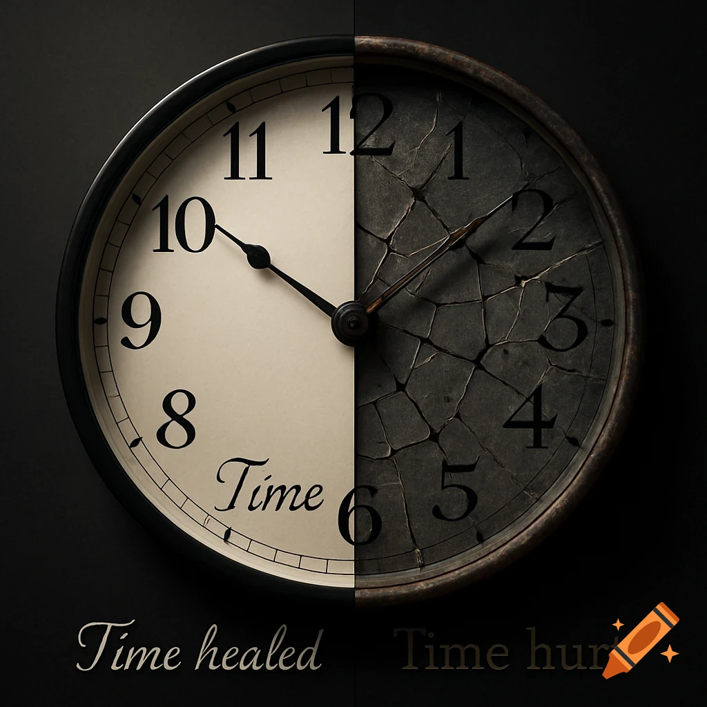 A clock split vertically: the left side is smooth and working with "Time healed" below; the right is cracked and broken with "Time hurt" below, on a dark background.