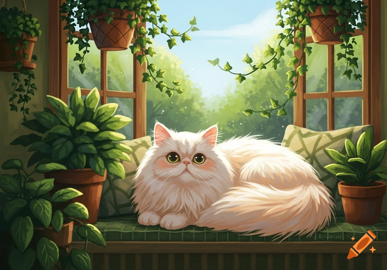 Fluffy white cat on a green window seat, surrounded by potted plants with a sunny garden view, in an illustrative style.