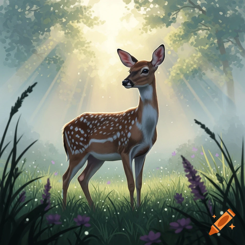 A dappled fawn stands in a sunlit forest clearing with purple flowers and green grass.