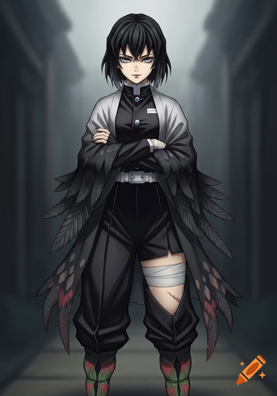 A stern anime character with short black hair, wearing a black Demon Slayer uniform, a raven-feather haori, and bandaged leg, with arms crossed in a dark setting.