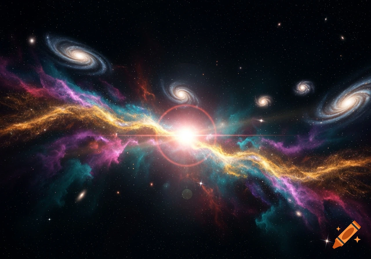 A vibrant cosmic scene with a bright central light source, colorful nebulae, and spiral galaxies against a star-filled dark sky.